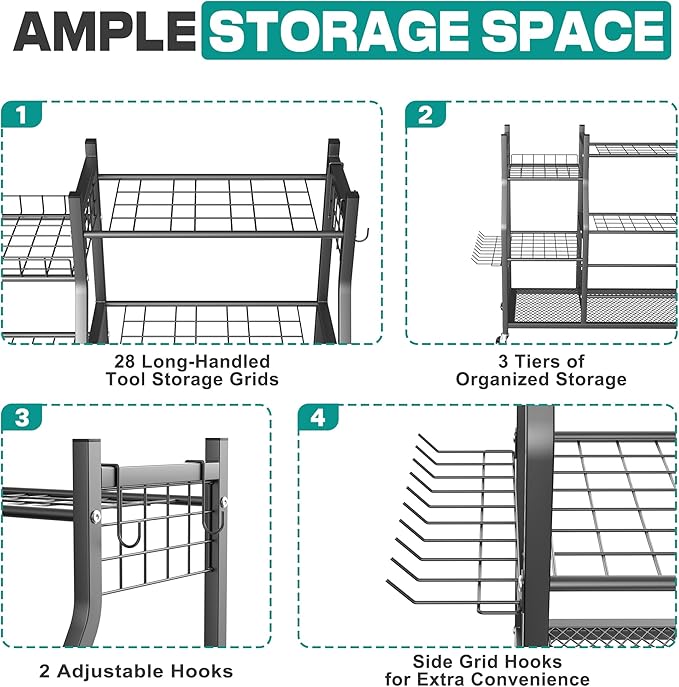 EVERHANGER Garden Tool Organizer Stand, Garage Tool Storage Organization, Yard Tool Racks with lockable wheels, Fit for Long-Handled Tools/Rakes/Brooms-VerdiqueGarden