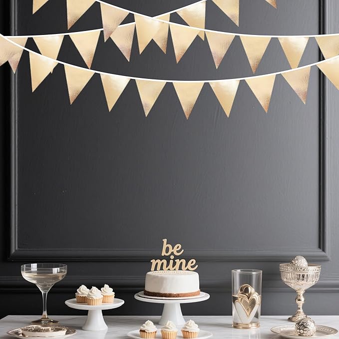 Champagne Gold Party Decoration Metallic Fabric Triangle Pennant Banner Flag Bunting Garland for Birthday Engagement Bridal Shower Wedding Anniversary Graduation Bachelorette Party Decoration Supplies-VerdiqueGarden