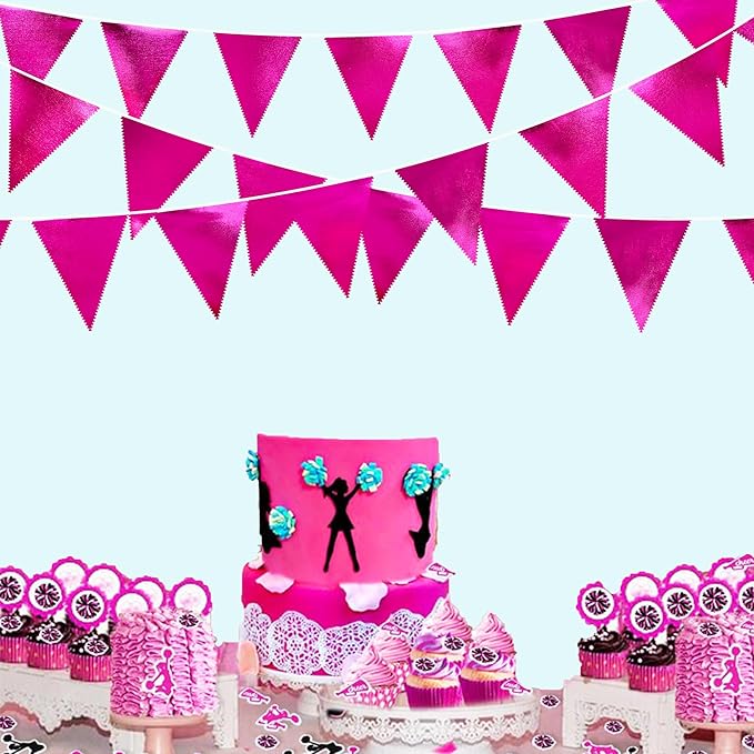 Hot Pink Party Decorations Triangle Pennant Banner Flag Rose Pink Metallic Fabric Bunting Garland for Birthday Bachelorette Wedding Bridal Shower Anniversary Flamingo Theme Party Supplies-VerdiqueGarden