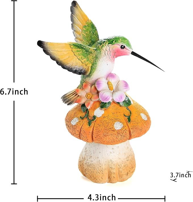 Hummingbird Stand on Mushroom for Garden Decorations,Hummingbird Statue for Outdoor Backyard Yard Porch Patio Lawn Outside Indoor Home Shelf Decor Accents,Bird Sculpture Figurine-VerdiqueGarden