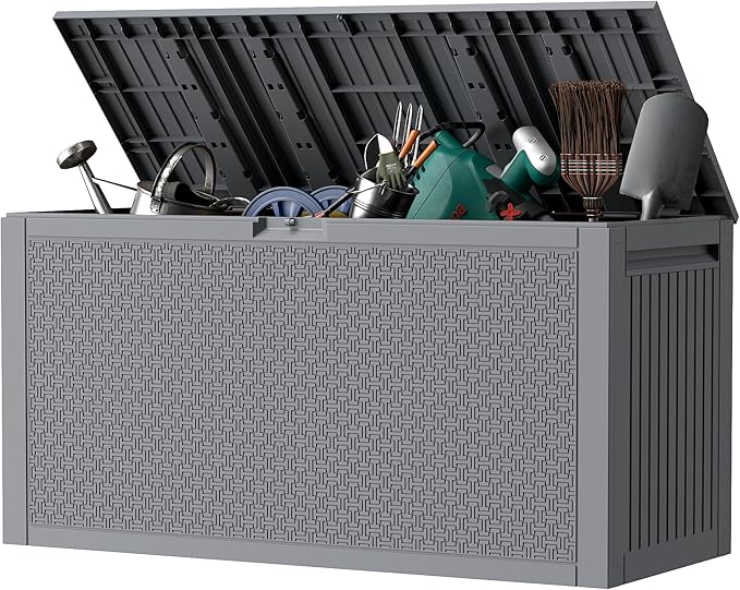 Outdoor Storage Box, 90 Gallon Deck Box, Waterproof Resin Storage Bin for Patio Cushions, Gardening Tools, Lockable, UV Resistant, Grey-VerdiqueGarden