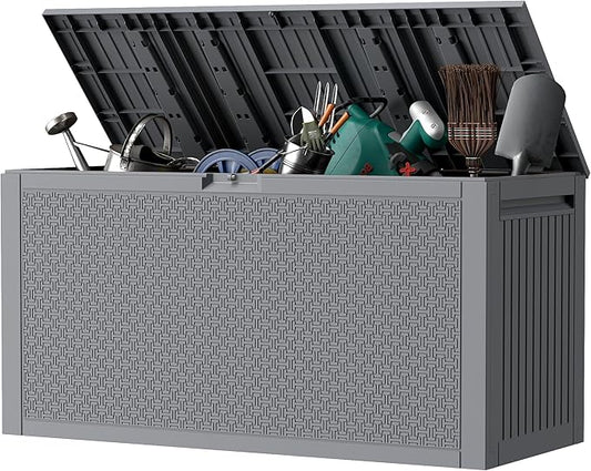 Outdoor Storage Box, 90 Gallon Deck Box, Waterproof Resin Storage Bin for Patio Cushions, Gardening Tools, Lockable, UV Resistant, Grey-VerdiqueGarden