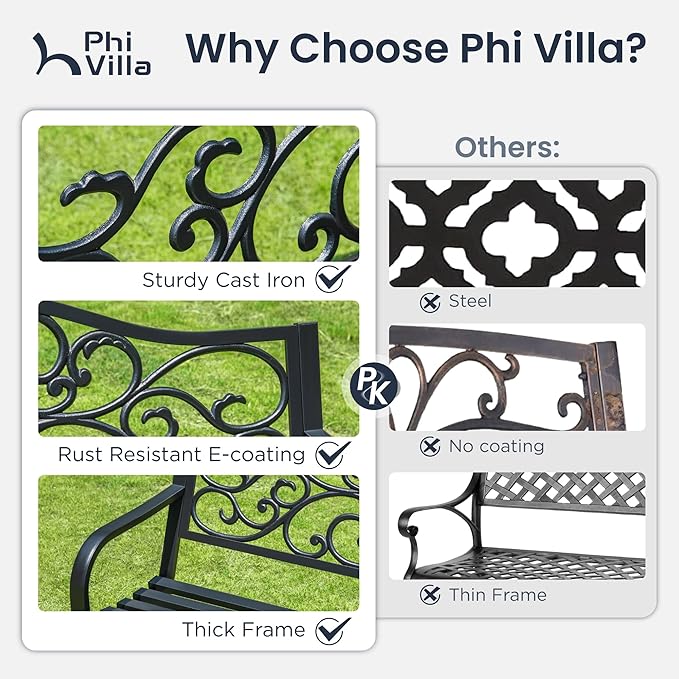 PHI VILLA 50-Inch Cast Iron Steel Frame Garden Bench Outdoor Patio Bench Chair w/Floral Design Backrest, Slatted Seat for Park, Yard & Porch, Black-VerdiqueGarden