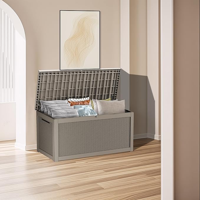 320 Gallon Lockable Resin Deck Box, Waterproof & UV-Resistant Outdoor Storage Box for Outdoor Cushion Storage, Garden Tools & Pool Accessories Storage, Gray-VerdiqueGarden