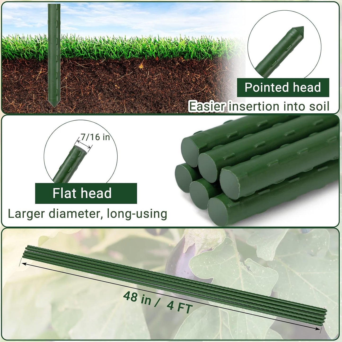 Garden Stakes 48'' Plant Sticks, 50PCS Plastic Coated Steel 4ft Plant Stakes Support for Growing Climbing Plants, Tomato Stakes Gardening Supplies-VerdiqueGarden