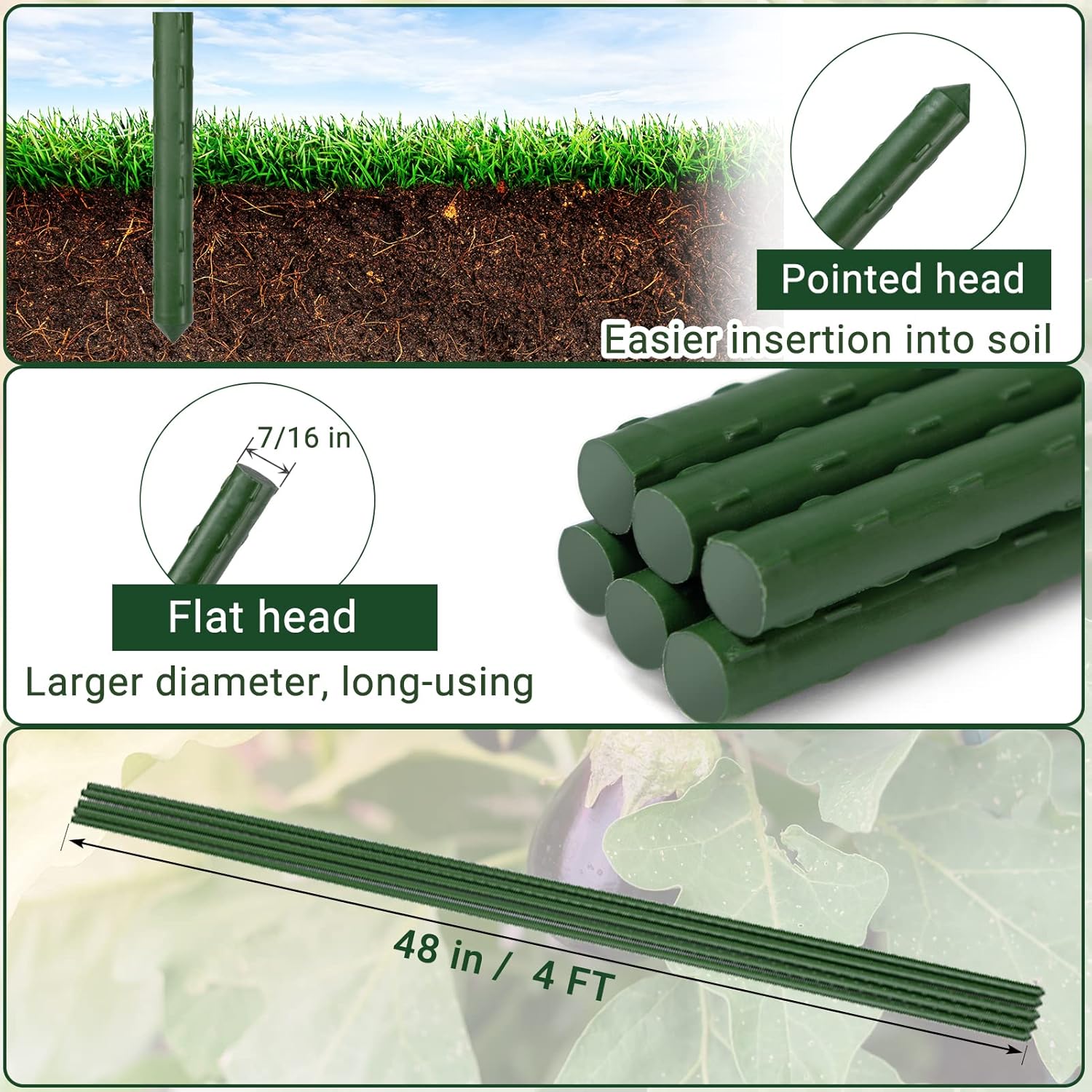 Garden Stakes 48'' Plant Sticks, 50PCS Plastic Coated Steel 4ft Plant Stakes Support for Growing Climbing Plants, Tomato Stakes Gardening Supplies-VerdiqueGarden