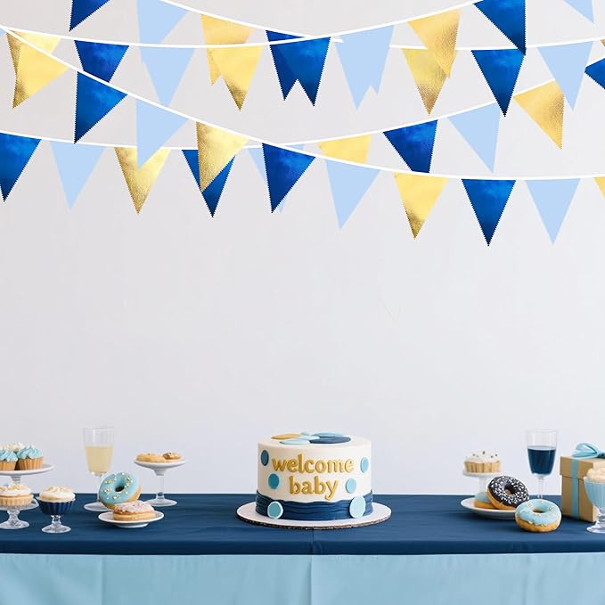 Gold Blue Party Decoration Gradient Blue and Gold Triangle Pennant Banner Flag Metallic Fabric Bunting Garland for Nautical Ahoy Achor Birthday Graduation Retirement Wedding Baby Shower Party Supplies-VerdiqueGarden