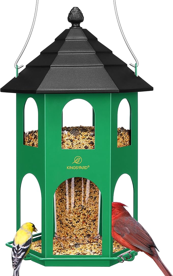 Kingsyard Metal Bird Feeder for Outdoor Hanging, Wild Bird Feeders with Circular Perch, Easy to Clean & Refill, 4 lbs Large Seed Capacity, Green-VerdiqueGarden