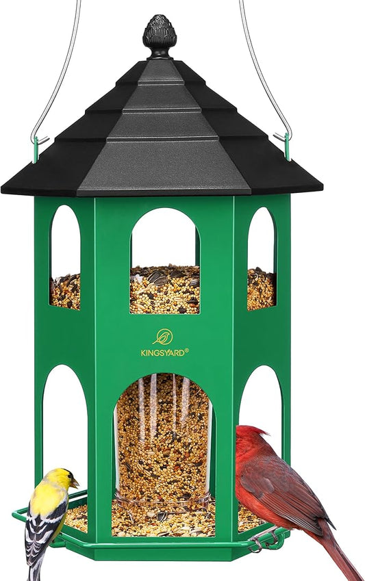 Kingsyard Metal Bird Feeder for Outdoor Hanging, Wild Bird Feeders with Circular Perch, Easy to Clean & Refill, 4 lbs Large Seed Capacity, Green-VerdiqueGarden