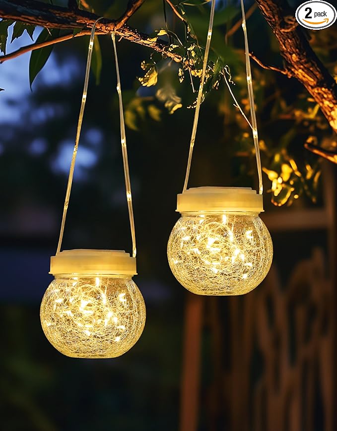 Solar Lantern Solar Lights Outdoor Waterproof 2-Pack, Solar Powered Hanging Lights Cracked Glass Hanging Globes for Christmas Decoration, Shepherd Hook, Garden Tree Ornaments, White Cap, Warm White-VerdiqueGarden