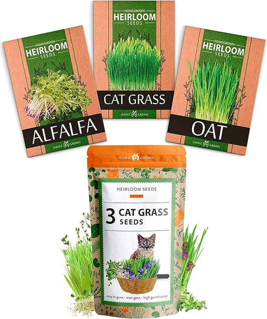 HOME GROWN 3 Cat Grass Seed Mix – Non-GMO Heirloom Oat, Alfalfa & Cat Grass Seeds | Indoor Pet Grass for Cats | High-Germination Greens for Hairball Control, Digestion, and Chewing Enrichment-VerdiqueGarden