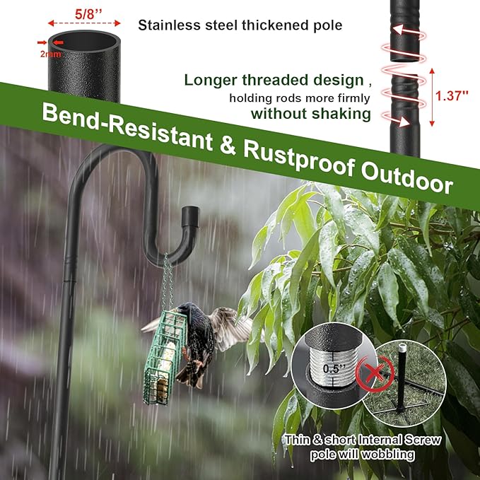 Hummingbird Feeder Pole for Outdoors - Heavy Duty Bird Feeder Stand with Adjustable Stake,62"Rustproof Shepards Poles with Hangers Holder for Birdfeeder,Wind Chimes,Lanterns,Wreaths,Black-VerdiqueGarden