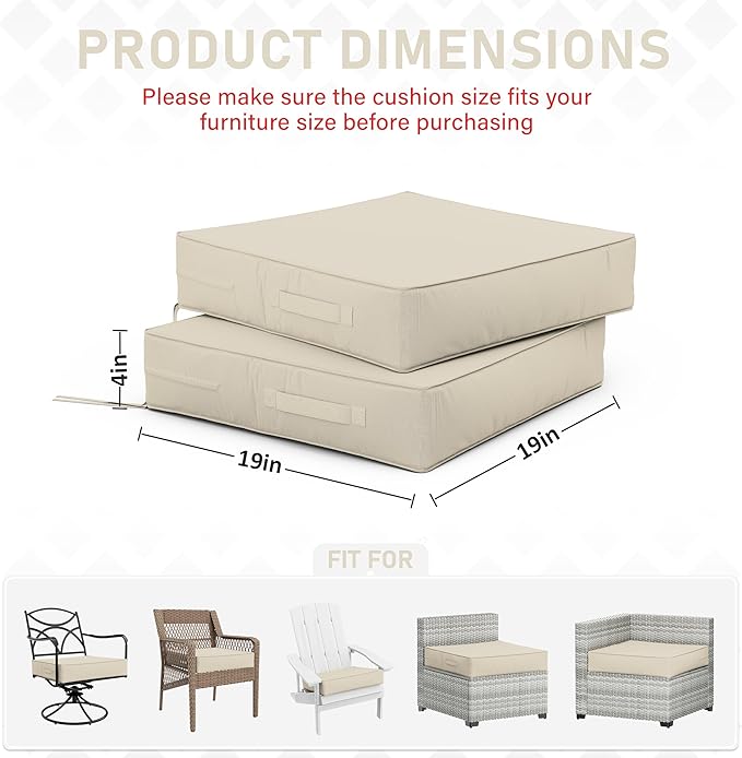 Patio Chair Cushions 19 X 19 X 4 Inch Waterproof Outdoor Seat Cushions for Patio Furniture, Outdoor Sofa Couch Pads with Ties & Handle, Set of 2, Cream-VerdiqueGarden