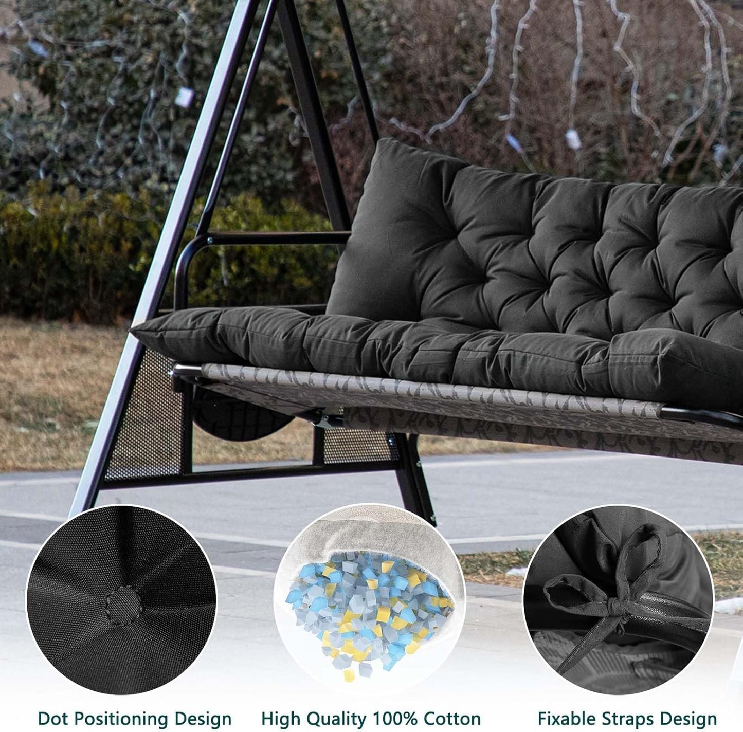 Porch Swing Cushions,Outdoor Cushions 3 Seater Replacement with Backrest, Waterproof Thickened Bench Cushion with Ties for Porch, Patio,Outdoor, Backyard and Garden(Dark Gray 60 * 40 in)-VerdiqueGarden