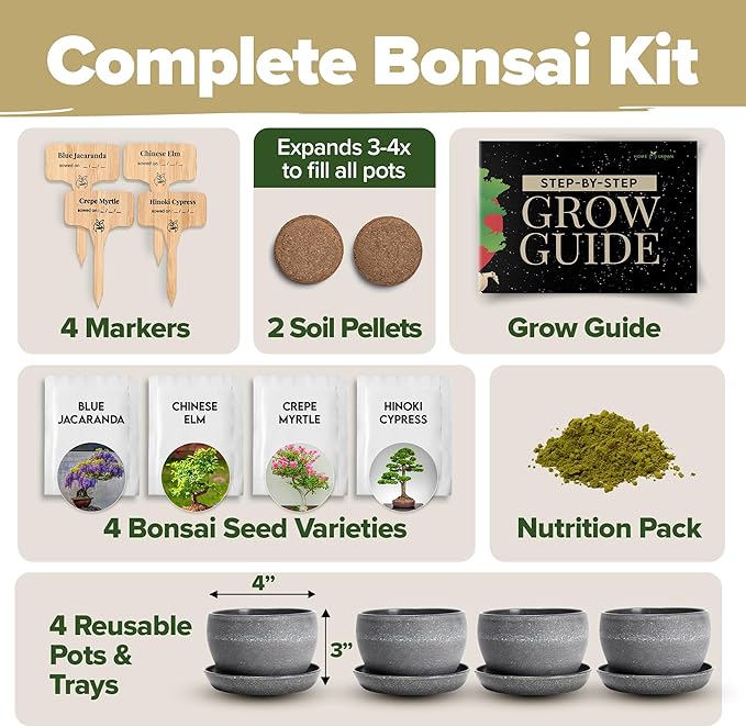 HOME GROWN Bonsai Tree Kit – Easy to Grow 4 Species of Bonsai w/Our Complete Plant Kit: Bonsai Pots & Peat Pellets Including a Bonus in-Depth Grow Guide - Great Gardening Gifts for Women and Men-VerdiqueGarden