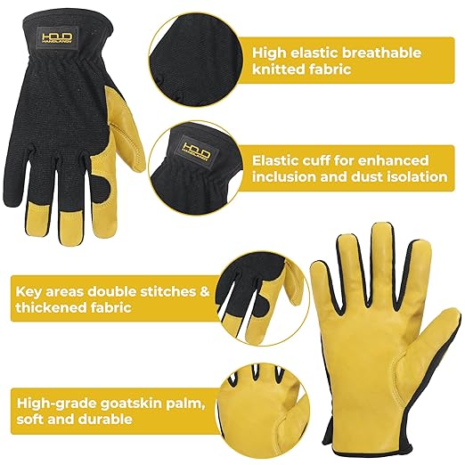 HLDD HANDLANDY Mens Leather Gardening Gloves, Utility Work Gloves for Gardening, Yardwork, Construction, Mechanics-VerdiqueGarden