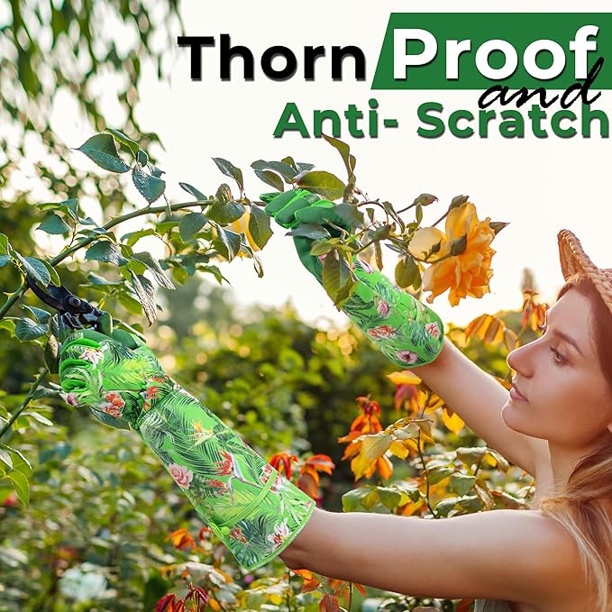 HANDLANDY Women Gardening Gloves, Thorn Proof Breathable Ladies Rose Pruning Long Gauntlet Floral Print Garden Yard Gloves, Gift for Gardeners (Green, S)-VerdiqueGarden
