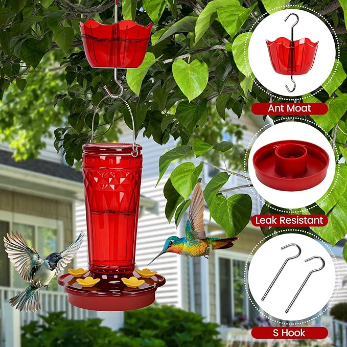 Hummingbird Feeder 2pack-14Ounces，5 Feeding Ports Glass Hummingbird feeders for Outdoors,Wide Mouth for Easy Filling/Cleaning，Hanging for Garden Backyard Decor, Includes Ant Moat (Red)-VerdiqueGarden