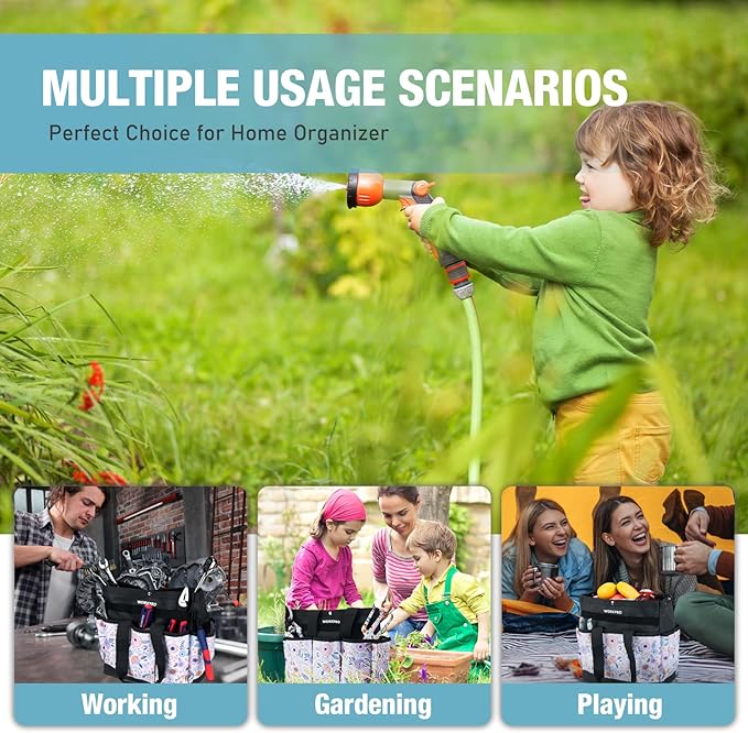 WORKPRO Garden Tool Bag, 9 Pockets Gardening Bag, Heavy Duty Oxford Garden Tote Caddy (Tools NOT Included), 12" x 12" x 6" (Floral White)-VerdiqueGarden