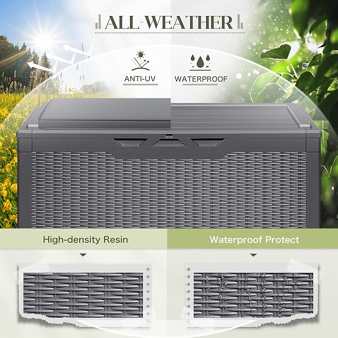 Greesum 100 Gallon Resin Deck Box Large Outdoor Storage with Cushions for Patio Furniture, Garden Tools, Pool Supplies, Weatherproof and UV Resistant, Lockable,Gray-VerdiqueGarden