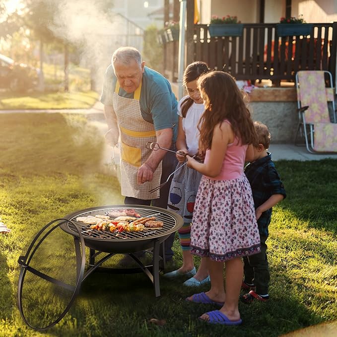 Fire Beauty Fire Pit for Outside Wood Burning,BBQ Grill Steel Fire Bowl with Cooking Grate,Spark Screen Cover,Log Grate,Poker for Camping Beach Bonfire Picnic Backyard Garden-VerdiqueGarden