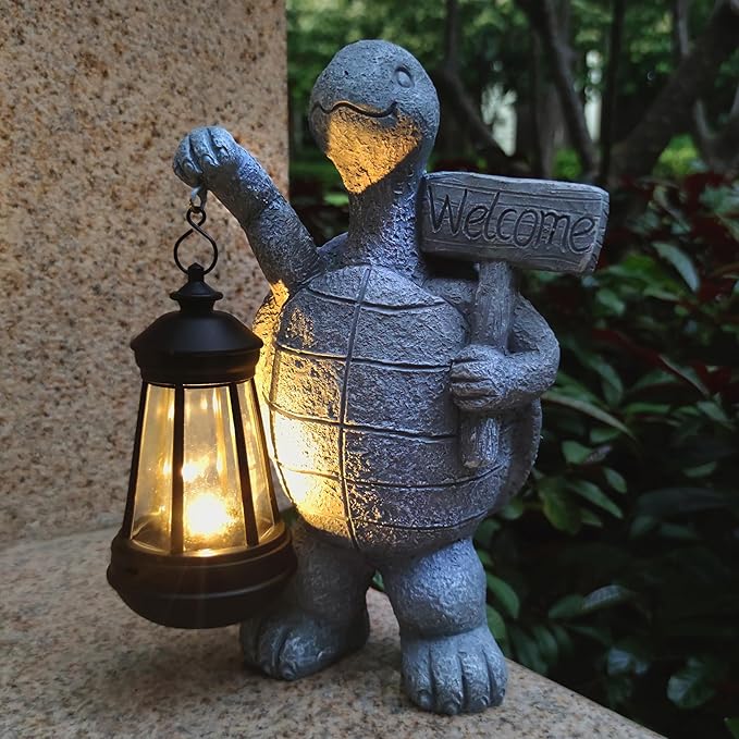 Solar Turtle Garden Outdoor Statues,Resin Turtles Figurine Decorations with Solar Lights Lantern, Outdoor Turtle Art Decor for Lawn,Yard, Unique Housewarming Gift for Garden Home-VerdiqueGarden