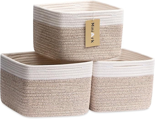 Small Organizing Baskets for Cubes Shelf, 9.7x9.7x7.1 Inch Rope Woven Storage Bins for Nursery Shelves Storage, Cute Toy Basket, Square 3 Packs Off White Brown