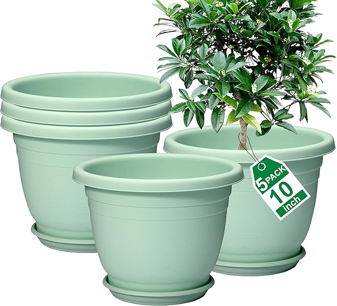5 Packs 10 inch Plant Pots + Saucer, Planters for Indoor & Outdoor Plants with Drainage Holes | Plastic Flower Pots, Large Planter (Light Green, 10 inch)-VerdiqueGarden