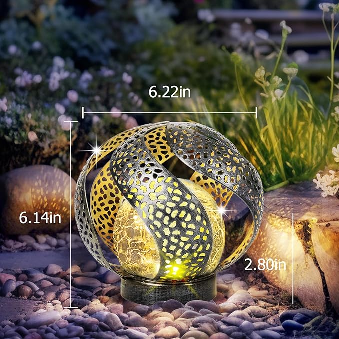 Huaxu Solar Lights Outdoor Garden Decor Waterproof Cracked Glass Globe LED Light Silver Retro Art Metal Retro Design Decorative Yard Patio Lawn Pathway Gift for Mom Women Anniversary Birthday-VerdiqueGarden