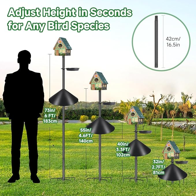 Smart Bird Feeder Pole with Squirrel Baffle & Bath-Heavy Duty Adjustable 3-6.6ft Universal Stand Mount for Backyard&Outdoor Bird Houses/Cameras (80'Pole-Baffle-Bath)-VerdiqueGarden