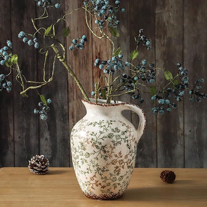 Enra Vintage vase,Ceramic Chinoiserie Floral Vase,Green and Beige Decorative Flower vase,Large Rustic Vases for Home Decors, Living Room, Bookshelf, Office，9.7 inch-VerdiqueGarden