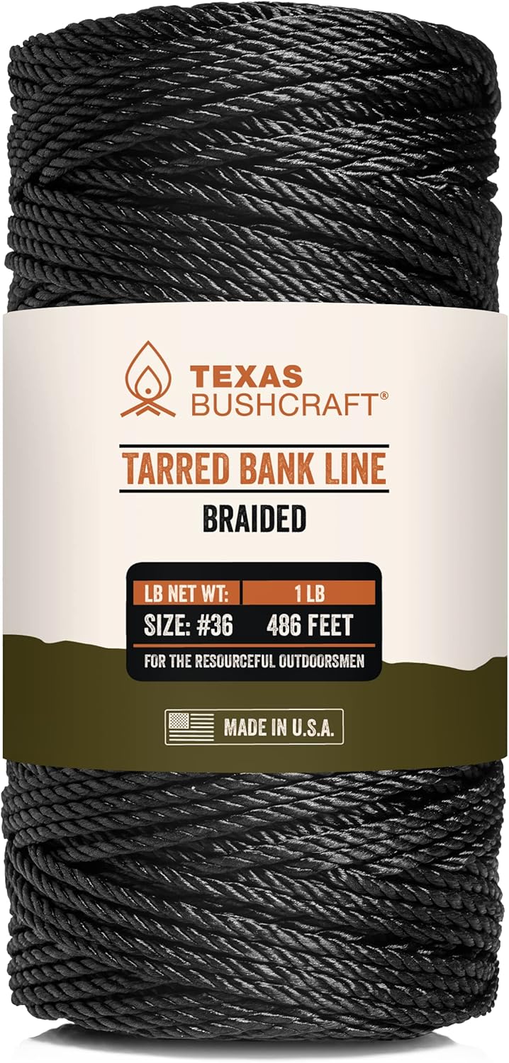 Texas Bushcraft Tarred Bank Line Twine - #36 Black Nylon String for Fishing, Camping and Outdoor Survival – Strong, Weather Resistant Bankline Cordage for Trotline-VerdiqueGarden
