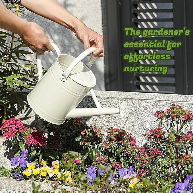 1 Gallon Watering Can for Plants, Watering Cans for Indoor&Outdoor Gardening, Galvanized Steel Watering Pot with Removable Spout, Metal Water Can with Ergonomic Movable Handle(White)-VerdiqueGarden