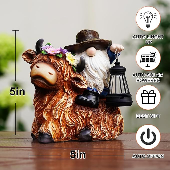 Solar Highland Cow Gnome Garden Decorative Statue - Detachable Lantern - Outdoor Fun Decoration, Suitable for Patio, Back Porch, Table Ornaments, Unique Housewarming, Birthday Gifts for Women, Mom-VerdiqueGarden