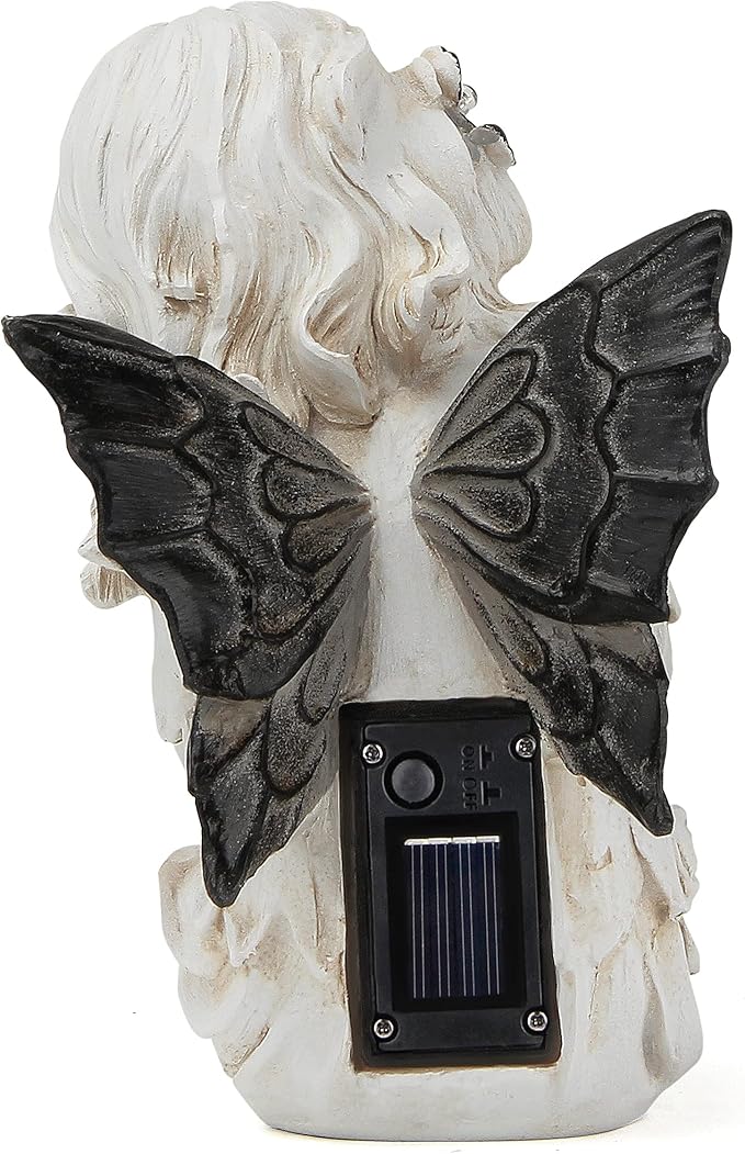 Leekung Ivory White Resin Sculpture, Angel Figurine with Solar Powered Lights for Outdoor Decor, Garden Decorations & Memorial Gifts-VerdiqueGarden