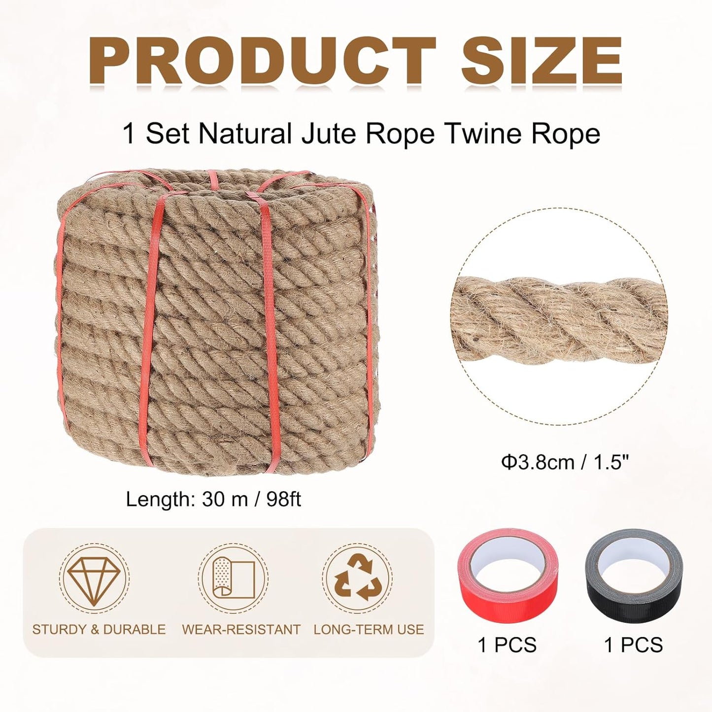 MECCANIXITY Jute Rope 1.5 Inch x 98ft, Thick Twine Rope Ropes Braided Jute Twine Natural Brown Burlap Cord String Heavy Twisted with Tapes for Decorative Crafts Railing Swing Tug of War-VerdiqueGarden