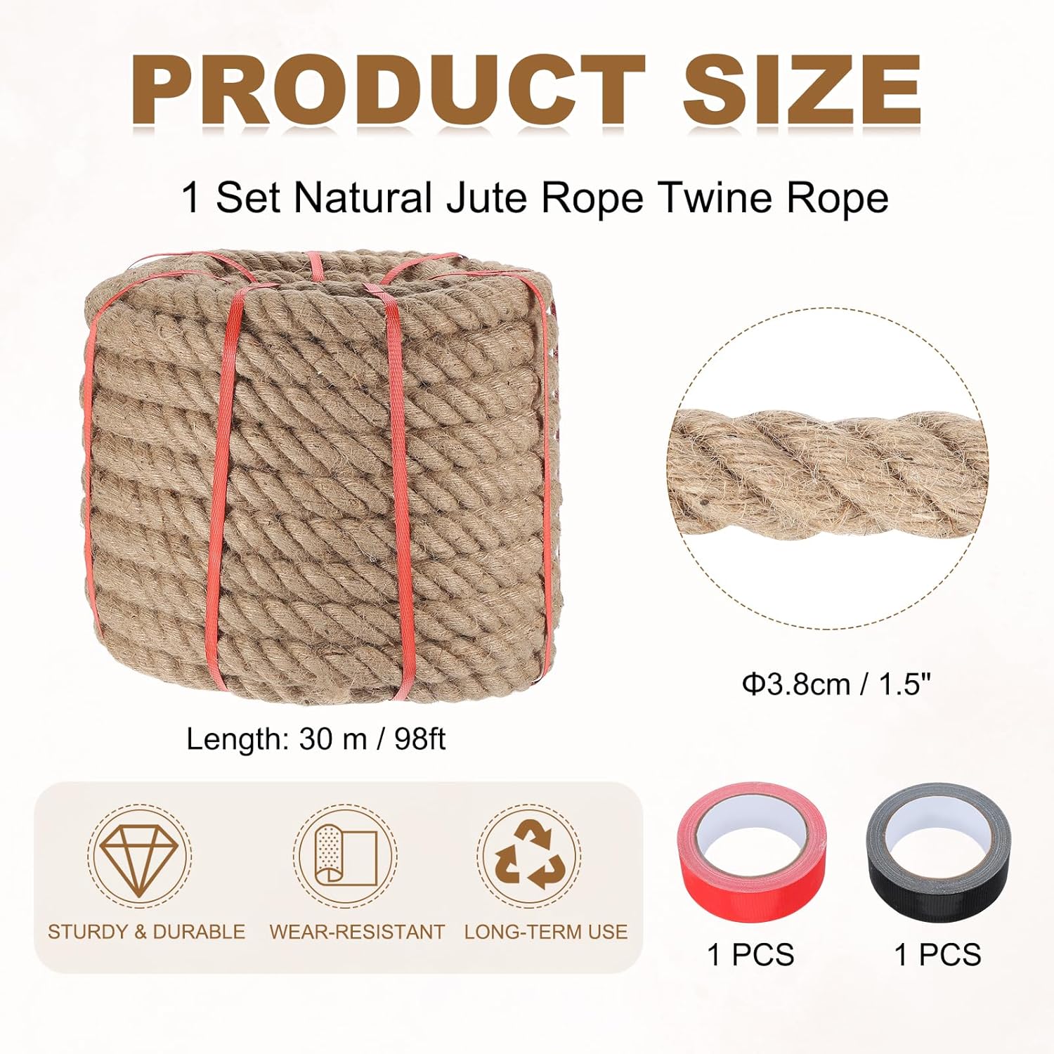 MECCANIXITY Jute Rope 1.5 Inch x 98ft, Thick Twine Rope Ropes Braided Jute Twine Natural Brown Burlap Cord String Heavy Twisted with Tapes for Decorative Crafts Railing Swing Tug of War-VerdiqueGarden