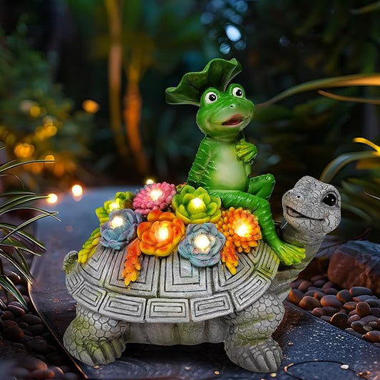 ILLUMINEW Solar Garden Outdoor Statues Turtle& Frog with Succulent and 8 LED Lights, Turtle Carrying Lotus Leaf Frog Figurines, Lawn Decorations for Patio Yard Gifts for Mom Grandma Housewarming-VerdiqueGarden