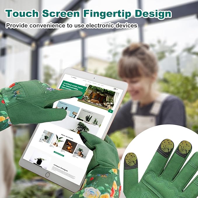 DLY Gardening Gloves,Leather Rose Gloves,Women's Long Glove for Gardening Work and Yard Work,Durable and Comfortable(Small, Green-VerdiqueGarden