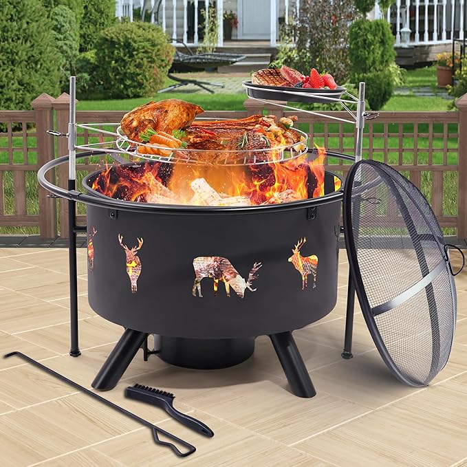 NATURAL EXPRESSIONS 32 Inch Large Fire Pit with 2 Grills, Outdoor Wood Burning Fire Pit with Cooking Grate, Lid, Poker and Round Waterproof Cover for Patio, Ourside, Bonfires, Picnic, Party.-VerdiqueGarden