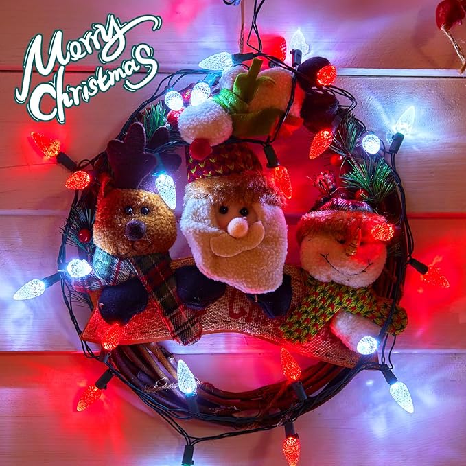 Brightown C6 LED Christmas String Lights - 2 Pack Each 20ft 60LED Battery Operated Strawberry String Lights with Timer and 8 Light Modes for Christmas Trees Wreaths, Indoor Xmas Decor, Red and White-VerdiqueGarden