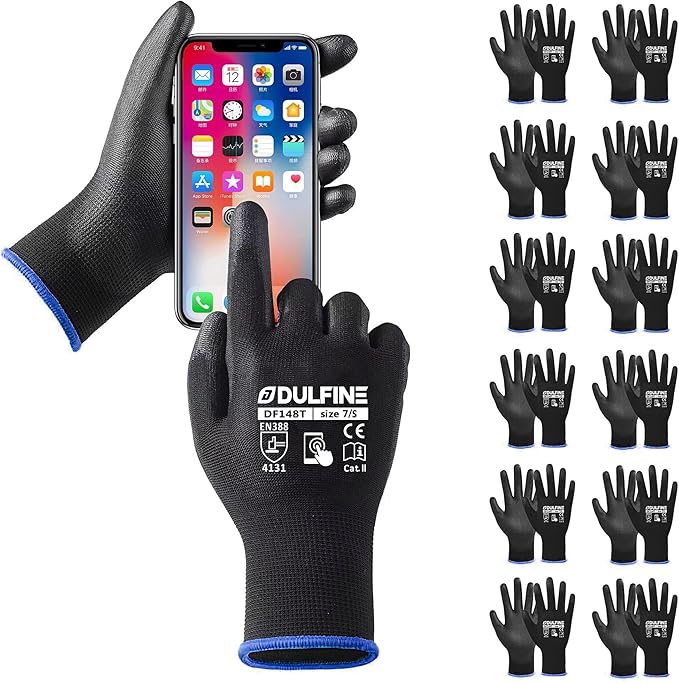 DULFINE Safety Work Gloves PU Coated for Men and Women-12 Pairs,Black Seamless Knit Glove with Two Fingers Touchscreen,Ideal for General Duty Work (Small)-VerdiqueGarden