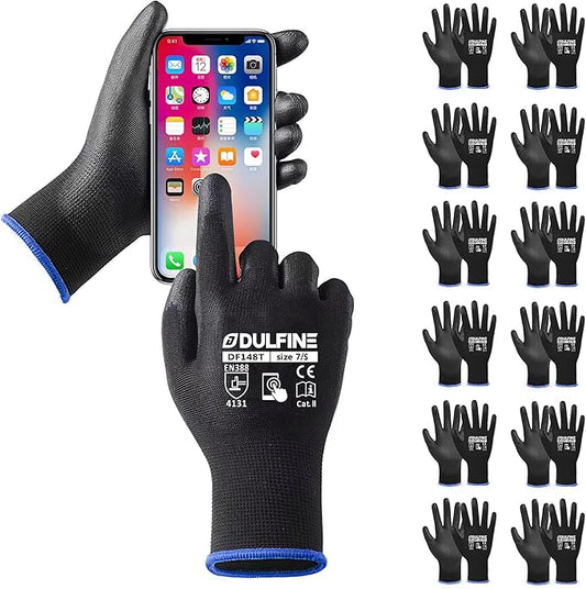 DULFINE Safety Work Gloves PU Coated for Men and Women-12 Pairs,Black Seamless Knit Glove with Two Fingers Touchscreen,Ideal for General Duty Work (Small)-VerdiqueGarden