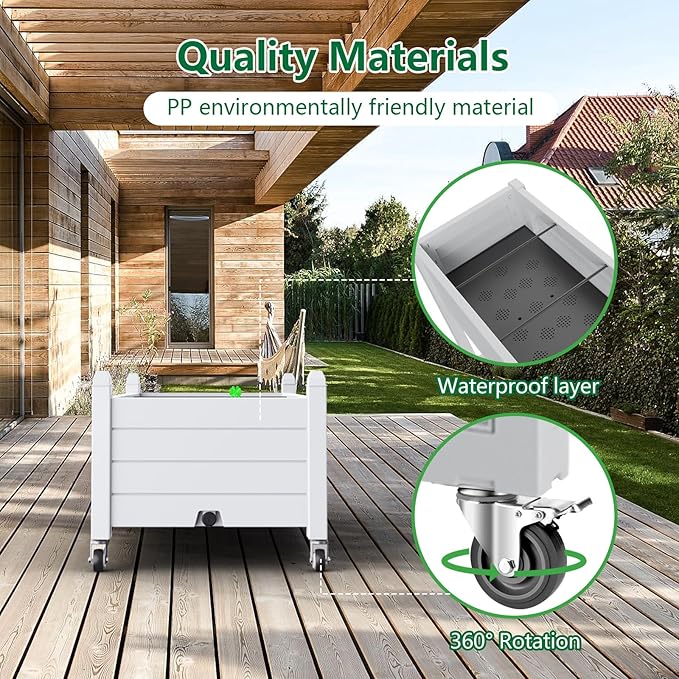Horticulture Garden Bed, Divisible Resin Planter Box for Backyard, Patio, Balcony, with 4 Legs and 4 Swivel Lockable Wheels(Ashen,43.31 * 17.72 * 17.56)-VerdiqueGarden