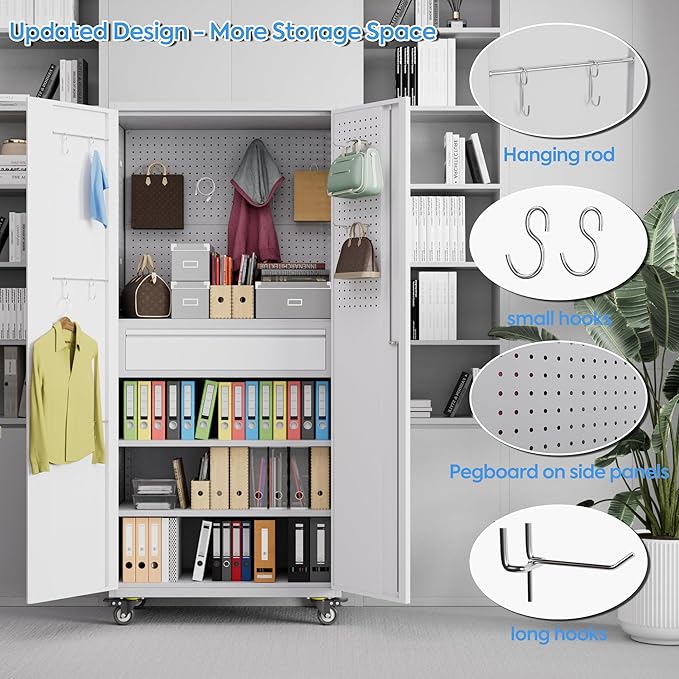 Garage Storage Cabinet with Locking Doors and 2 Adjustable Shelves, 71" H Metal Rolling Tool Storage Cabinet with Wheels, Drawer, Pegboard and 16 Hooks for Garage, Warehouse, White and Gray-VerdiqueGarden