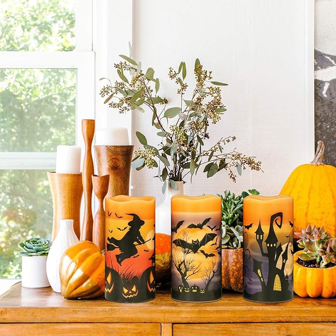 Halloween Real Wax LED Flameless Flickering Candles with 6H Timer, 3 Pcs Pillar Battery Operated Candle Sticks with Halloween Decal for Home Decor(3”x6”)-VerdiqueGarden