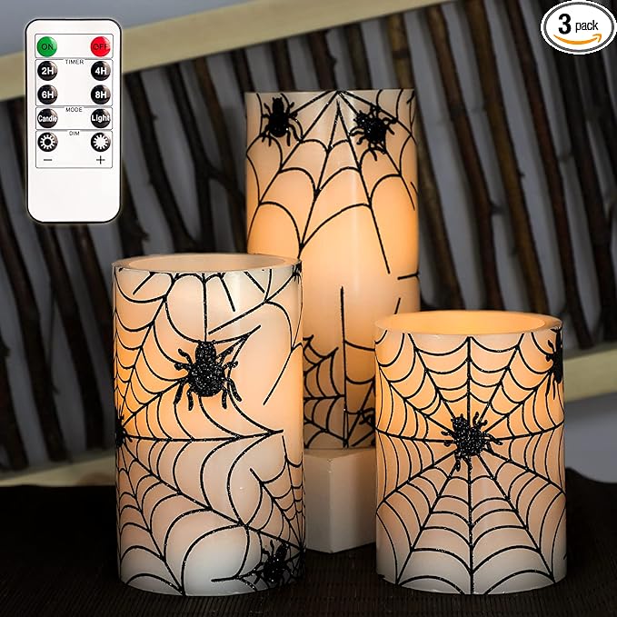 Spider Web Decor Flameless Candles Battery Operated with Remote Timer Haunted House Spooky Decorations Set of 3 Real Wax Black LED Flickering Candles Decorative for Halloween Decor Party-VerdiqueGarden
