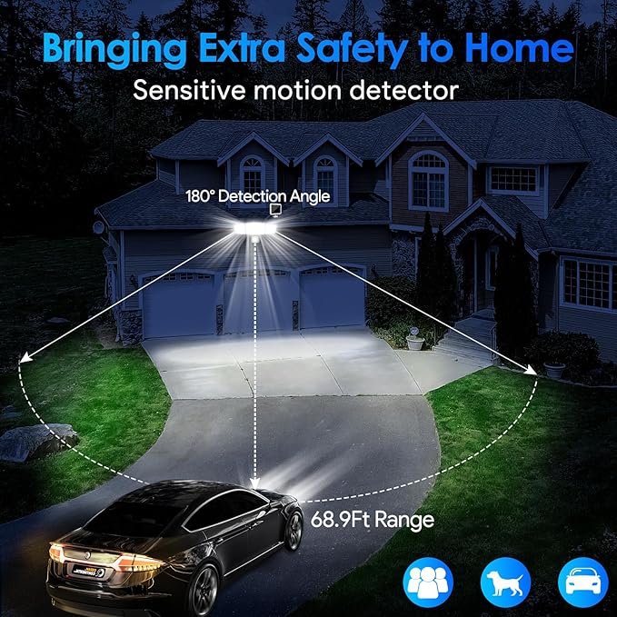 Energetic Solar Outdoor Lights, 1800LM 192 LED Security Motion Sensor Outdoor Lights with Remote Control, IP65 Waterproof Floodlight, 3 Head Motion Detected Spotlight for Garage, Pack of 2 (White)-VerdiqueGarden