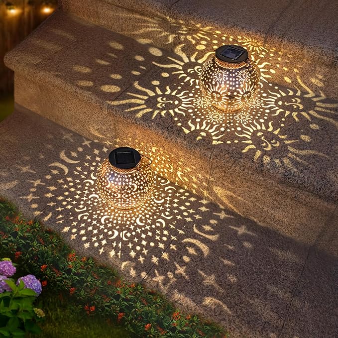 Go2garden Outdoor Solar Lanterns Waterproof Garden Gifts Women Yard Decorations Metal Moon Sun Hanging Solar Lights for Patio, Balcony, Tabletop,Birthday Mothers Day Gifts for Mom (Bronze,2Pack)-VerdiqueGarden