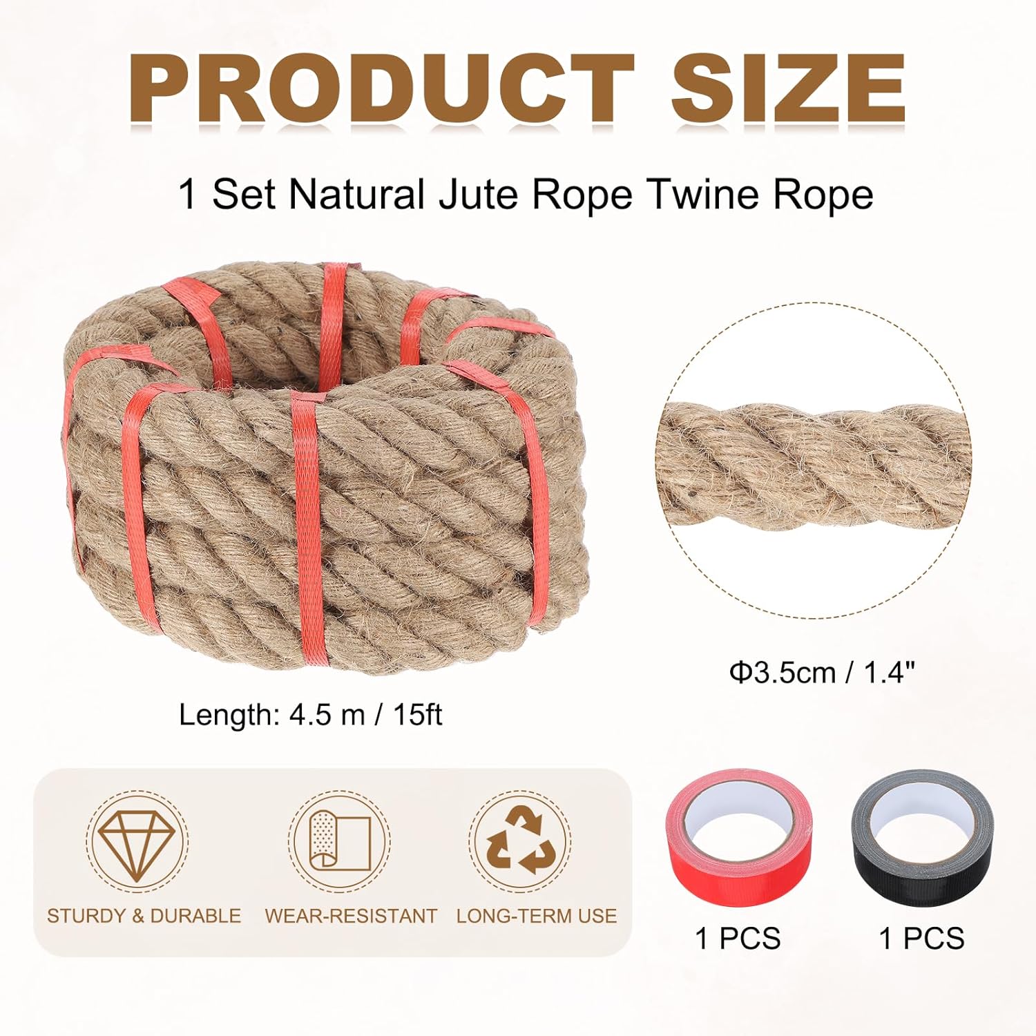 MECCANIXITY Jute Rope 1.4 Inch x 15ft, Thick Twine Rope Ropes Braided Jute Twine Natural Brown Burlap Cord String Heavy Twisted with Tapes for Decorative Crafts Railing Swing Tug of War-VerdiqueGarden